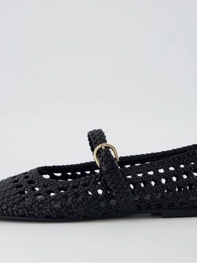 Black Woven Mary Jane Flat with Gold Buckle Accent